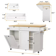 Isla móvil de 55 pulgadas con toma de corriente y mesa plegable, carrito de isla de cocina con ruedas y gabinete para almacenamiento de basura para cocina