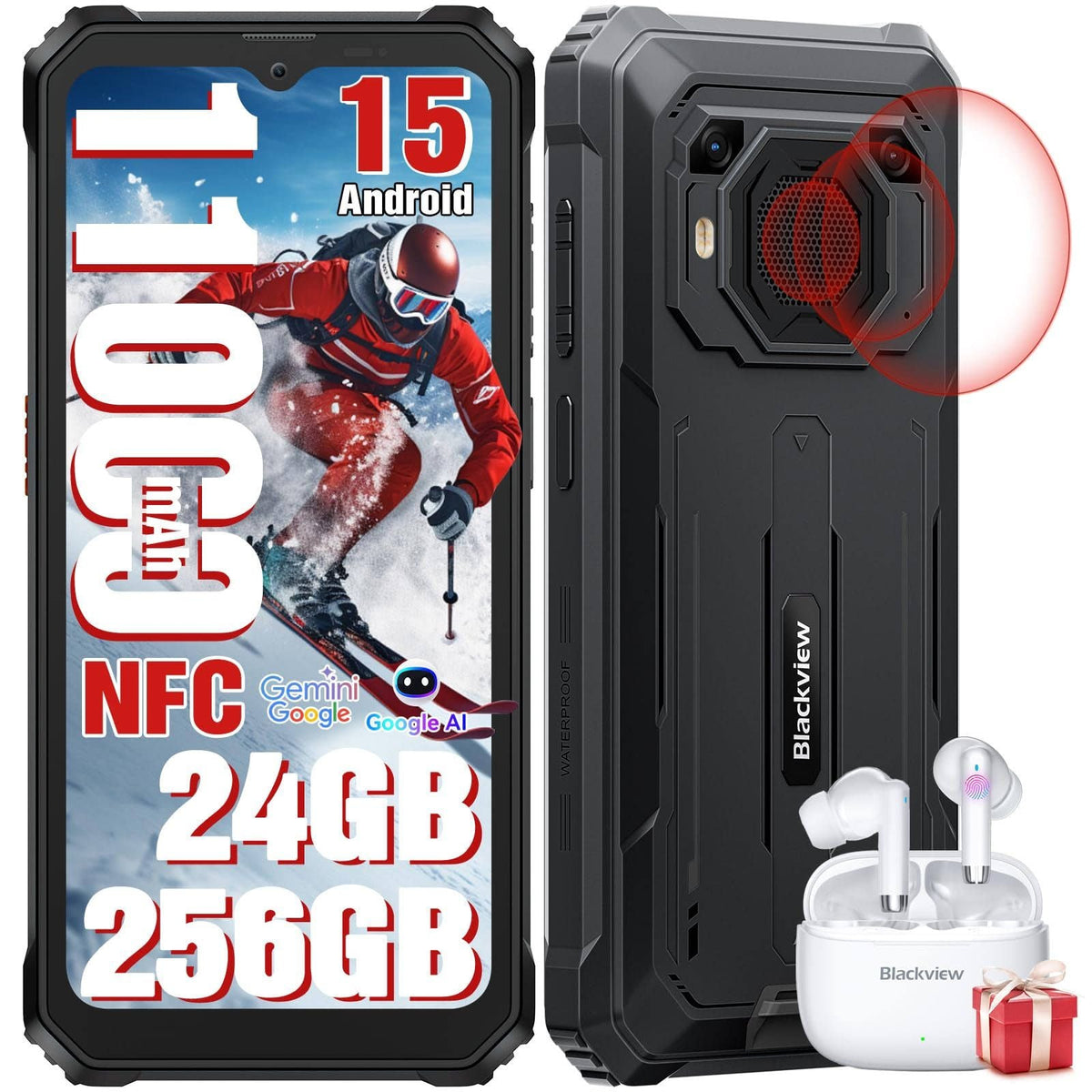 Blackview BV6200 Plus Teléfono Irrompible 2025, Batería 11000mAh Teléfono Móvil Irrompible 24GB+256GB/2TB TF, 6.56" HD+, Cámara IA 16MP+13MP, NFC