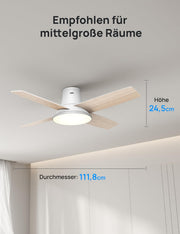 El ventilador de techo con luz DREO ofrece doce velocidades, tres modos y un motor de corriente continua silencioso. Montaje sencillo, LED regulable, mando a distancia y temporizador de 12 horas en color blanco.