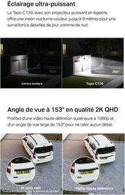Cámara de vigilancia exterior WiFi 2K 4MP Tapo C720 con focos LED de 2800 lúmenes, detecciones IA inteligentes, MicroSD hasta 512 GB, IP65, solo cableada