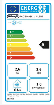De'Longhi Pinguino PAC EL112 CST WiFi, aire acondicionado portátil con tecnología MyEcoRealFeel para habitaciones de hasta 110 m³, 11.000 BTU/h, 2,9 kW, 63 dB, función de deshumidificación, A+, control por aplicación y voz, blanco