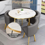 Juego de comedor de 5 piezas, mesa de comedor redonda de 90 cm con 4 sillas, moderna mesa de cocina de MDF con 4 sillas tapizadas para cocina, sala de estar, balcón, restaurante (dorado)