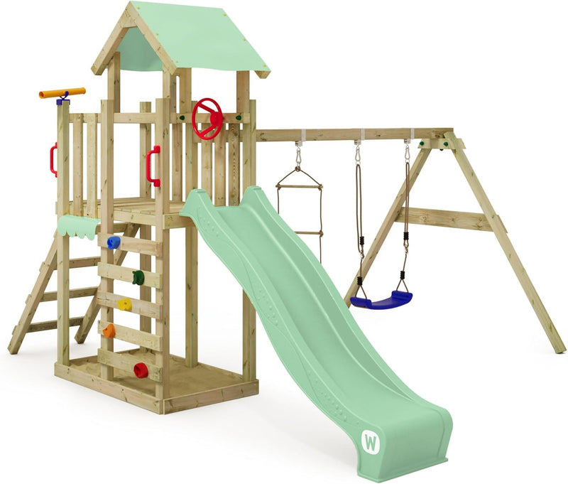 Torre de juegos Wickey MultiFlyer Light, columpio y tobogán verde pastel, torre de escalada infantil para exterior con arenero, escalera y accesorios de juego para el jardín