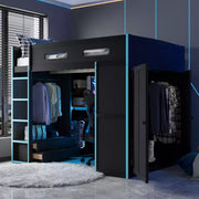Cama alta matrimonial Merax con escritorio, armario, luces LED RGB y puerto de carga USB, elegante estructura negra con espacio de almacenamiento múltiple para amantes de los videojuegos