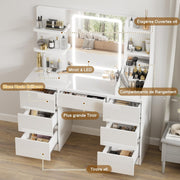 TRIUMPHKEY Tocador Moderno Blanco de Alto Brillo, Espejo LED con Luz Ajustable, Gran Espacio de Almacenamiento, Mesa de Maquillaje con 7 Cajones, 3 Compartimentos, 4 Estantes Abiertos