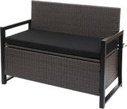 Banco de jardín Mendler Poly-Rattan 2 plazas HWC-F39AM, banco arcón, compartimento de almacenamiento con cojín - gris, cojines negros
