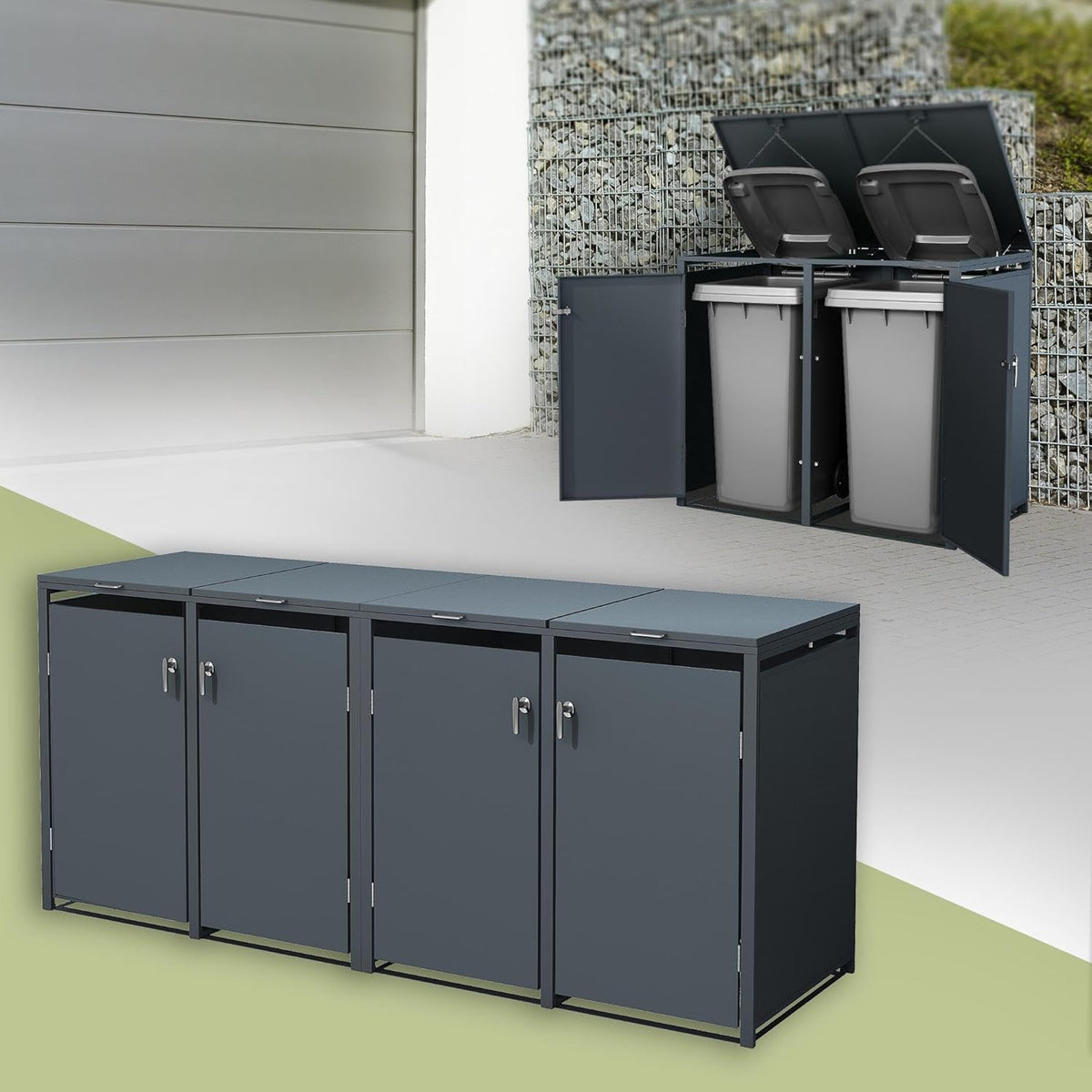 Casetas para cubos de basura ML-Design para 4 cubos de 240 L, 264x80x116,3 cm, antracita, acero, resistente a la intemperie, cobertizo para cubos de basura con cerradura, con tapa abatible/4 puertas, contenedor para cubos de basura, cubretambores