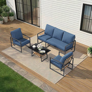 YODOLLA Juego de muebles de jardín, conjunto de 4 piezas para 4-5 personas, muebles de balcón con respaldos de ratán sintético, sofá de 3 plazas y 2 sillones con mesa de centro para jardín, azul oscuro