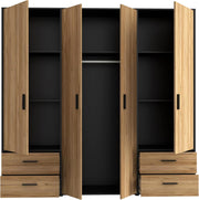 Armario FORTE Jupiter 200 210, armario ropero, armario de puertas batientes, 4 puertas, con 4 cajones y estantes, negro con decoración de madera: roble Catania, 206 cm de ancho x 53 cm de profundidad x 200 cm de alto