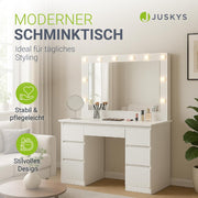 Tocador Juskys Lilia con espejo LED, 7 cajones, 3 niveles de iluminación, gran espacio de almacenamiento, diseño moderno, compacto y de fácil mantenimiento para el maquillaje - Blanco