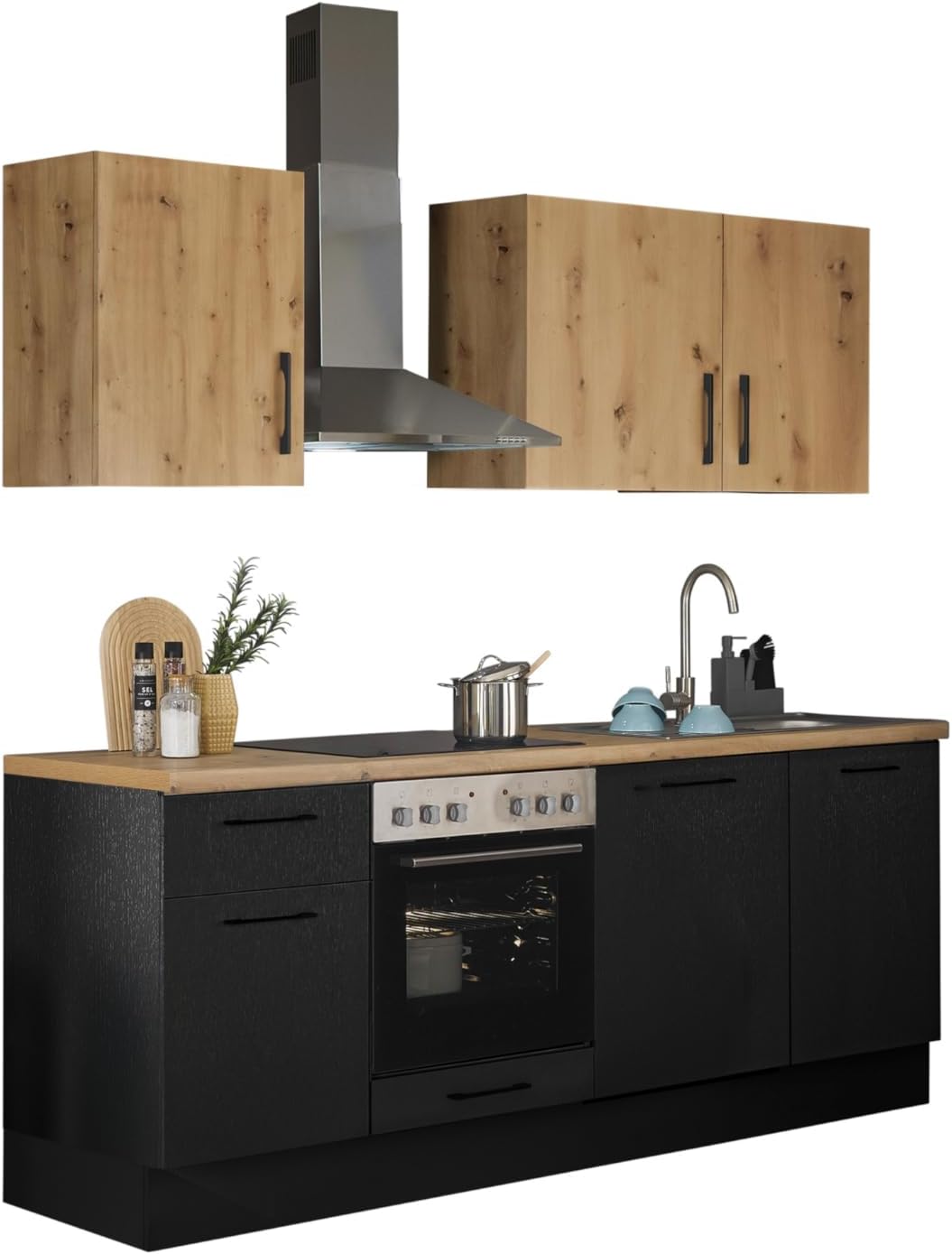 Stella Trading Turin Z Cocina compacta 220 x 211 x 60 cm, negro - Sin electrodomésticos - Cocina moderna y espaciosa en aspecto de roble Artisan con mucho espacio de almacenamiento