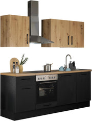 Stella Trading Turin Z Cocina compacta 220 x 211 x 60 cm, negro - Sin electrodomésticos - Cocina moderna y espaciosa en aspecto de roble Artisan con mucho espacio de almacenamiento