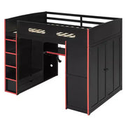 Cama alta matrimonial Merax con escritorio, armario, luces LED RGB y puerto de carga USB, elegante estructura negra con espacio de almacenamiento múltiple para amantes de los videojuegos