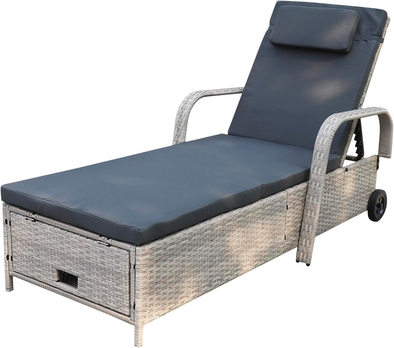 Tumbona de jardín, hamaca de ratán con espacio de almacenamiento y respaldo reclinable, mueble de jardín móvil con cojín, poliratán y metal, 200 x 75 x 30-92 cm (beige/gris oscuro)
