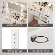 Tocador blanco con espejo iluminado de 23.5”, escritorio con cubierta de vidrio, 9 cajones, 3 colores de luces tipo Hollywood, 4 repisas, acrílico y toma de corriente, mesa de maquillaje para dormitorio
