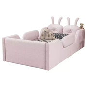 Cama plataforma doble Whisen, cama de suelo tapizada para niños con cojín de conejo, barandillas laterales extraíbles