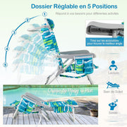 Tumbona COSTWAY, silla de playa plegable, 5 posiciones ajustables, portavasos, toallero, bolsillos, reposacabezas, correas, sillón para playa, piscina, jardín, carga de 150 kg (verde, 2 unidades)