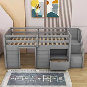 Cama alta baja de madera maciza con cajón y escalera, tamaño individual