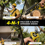 8 Zoll Mini Kettensäge & Akku Elektro Astschere, 4-in-1 Gartenwerkzeug Mit Bürstenlosem Motor, Teleskopstange Bis 4.2m, 2×4.0Ah Akkus, Astsäge Hochentaster Akku, FüR Baumzweige, Holzschneiden (yel)