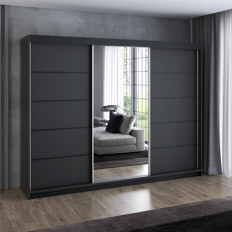 A&J MöbelLand Armario de puertas correderas VILUNO 2, armario de 3 puertas de 200 cm con espejo, 4 cajones y 2 barras para ropa, armario espacioso para dormitorio (negro)