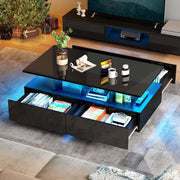 Mesa de centro YITAHOME negra, mesa de salón de alto brillo con iluminación LED de 16 colores moderna, mesa auxiliar negra con estante abierto y 4 cajones extraíbles 90x55x41,1 cm