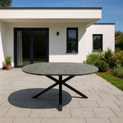 Mesa de jardín extensible DEGAMO Lyon, 140 cm redonda, extensible a 200 cm, aluminio antracita + ECP con aspecto de cerámica gris claro, para exterior