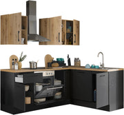 Cocina en L Turin 220 x 211 x 60 cm, negro - Sin electrodomésticos - Cocina moderna y espaciosa con aspecto de roble artesano y gran capacidad de almacenamiento