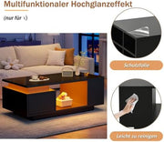 Mesa de centro de alto brillo Merax con iluminación LED y cajón – Mesa de sofá de 100x50x36 cm, mesa de salón con 4 compartimentos laterales, mesa de centro minimalista en negro