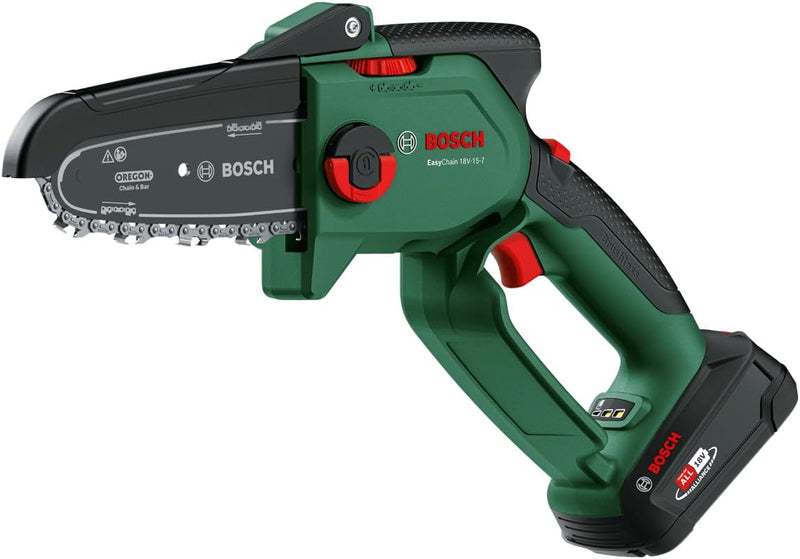 Minisierra de cadena Bosch EasyChain 18V-15-7 | Para cortar madera, sistema de 18 voltios; velocidad de cadena: 6,95 m/s; con batería de 2,5 Ah y cargador