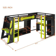 Litera tipo loft en forma de L para juegos con escritorios, litera doble con luces LED, puertos USB, estanterías de almacenamiento, cama alta esquinera de madera para 2 personas