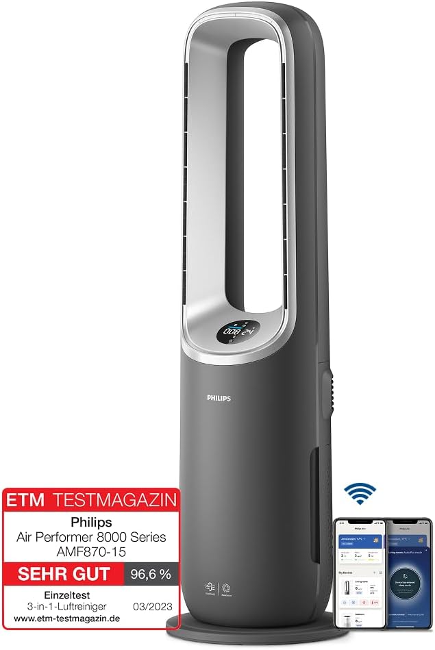 Air Performer 3 en 1: purificador de aire, ventilador de calefacción y refrigeración: purifica 70 m², elimina el 99,97 % de los alérgenos y contaminantes. Filtro HEPA, sensores inteligentes, Alexa, aplicación. (AMF870/15)