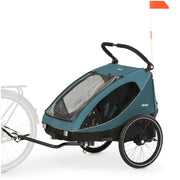 hauck Remolque de bicicleta y cochecito Dryk Duo Plus con suspensión, para 2 niños (6-48 meses), incluye barra de tiro, rueda de cochecito, bandera y luz LED, plegable, altura ajustable, maletero XL (verde oscuro)