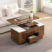 Mesa de centro elevable moderna multifuncional Zeus & Ruta con almacenamiento oculto, 4 taburetes y ruedas, perfecta para espacios modernos