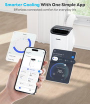 Aire acondicionado portátil de 14,000 BTU con WiFi y control remoto, enfría hasta 700 pies cuadrados, unidad de aire acondicionado portátil con autoevaporación y bajo nivel de ruido para habitaciones grandes, oficinas y garajes, blanco