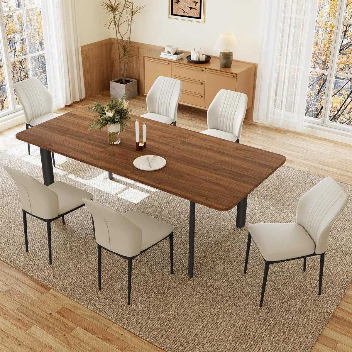 Juego de mesa de comedor JIEXI con 4-8 sillas, comedor con mesa extensible, mesa de comedor de MDF moderna y elegante para la sala de estar (mesa de 160-200 cm color nogal + 6 sillas blancas)