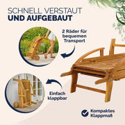 Tumbona plegable Casaria® resistente a la intemperie, de madera, capacidad de carga de 160 kg, con 2 ruedas, mesa auxiliar, respaldo y reposapiés ajustables, 196 cm