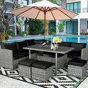 Conjunto de muebles de comedor para patio de 7 piezas de ratán con sofá seccional, mesa de comedor, otomanas y cojines