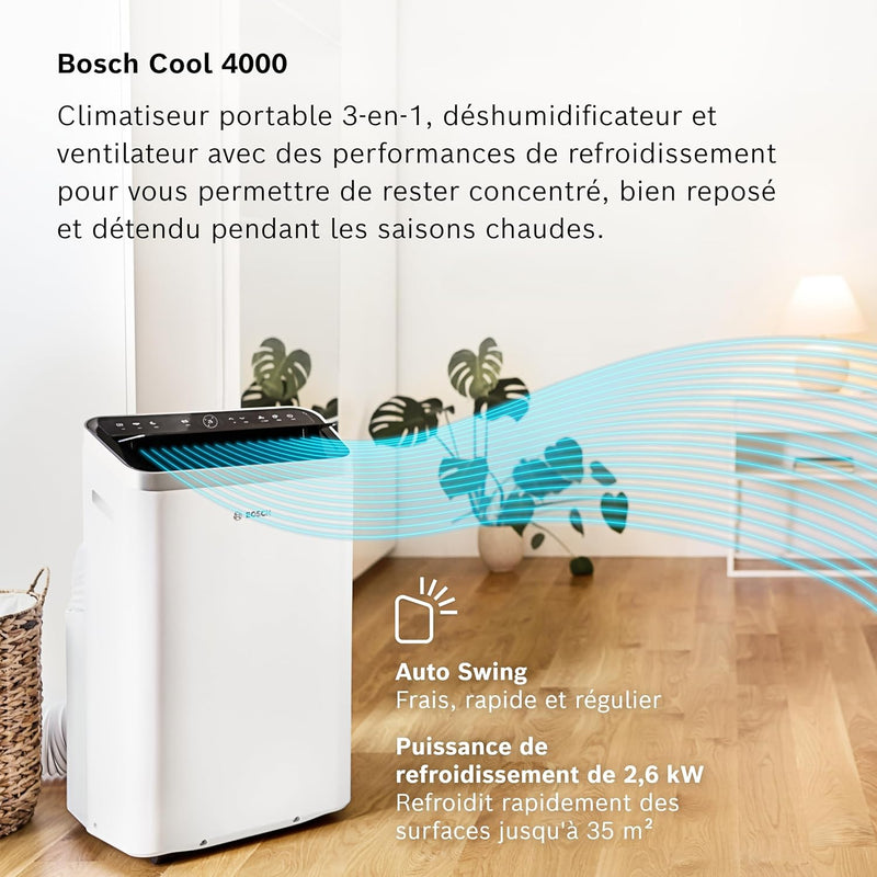 Aire acondicionado portátil Bosch Cool 4000 - 3 en 1: climatizador, deshumidificador, ventilador - 2,6 kW para estancias de hasta 35 m² - Con modo automático, modo silencioso y modo noche (48 db (A)) [Clase A+]