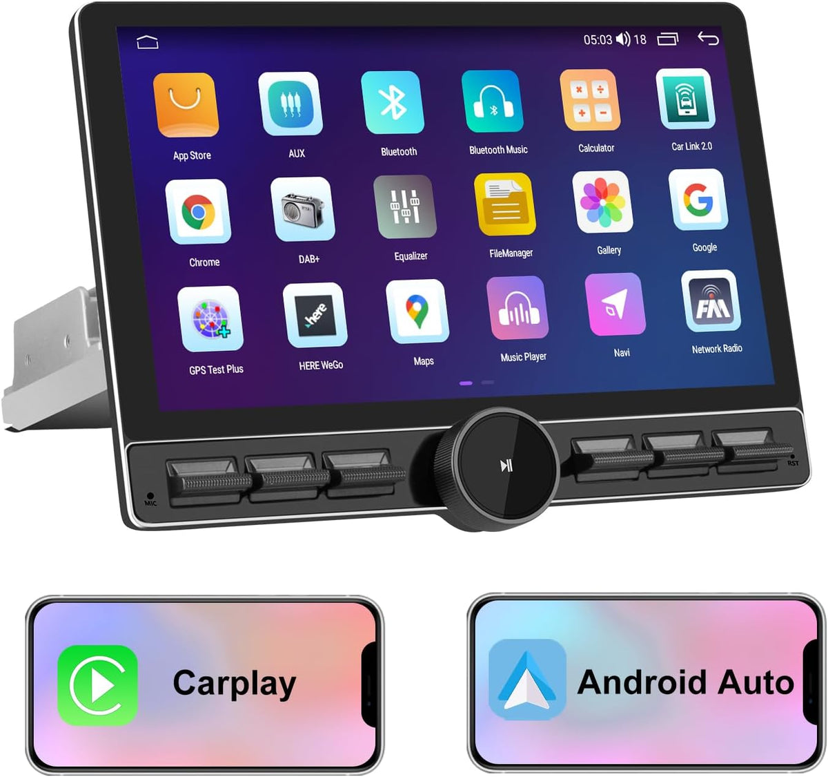 Autoradio Android 13 1 DIN universal para coche, pantalla de 10,6 pulgadas, compatible con GPS, CarPlay, Android Auto, WiFi, 4G, Bluetooth, FM, RDS, USB, mandos en el volante [4GB+64GB]