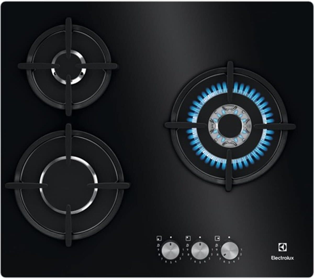 Placa de gas Electrolux KGE6633NOK de 60 cm y 3 zonas, zona Wok, mandos frontales, calor instantáneo, encendido automático, termopar de seguridad, con inyectores de recambio, negro