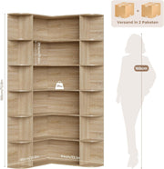 Estantería esquinera de pie FirFurd de 185 cm, librería rinconera con 6 niveles, armario esquinero en forma de L, vitrina de esquina para despacho, salón o cocina, 80 x 84 x 185 cm, roble