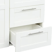 Armario de madera blanca con puertas, cajones y barra para colgar