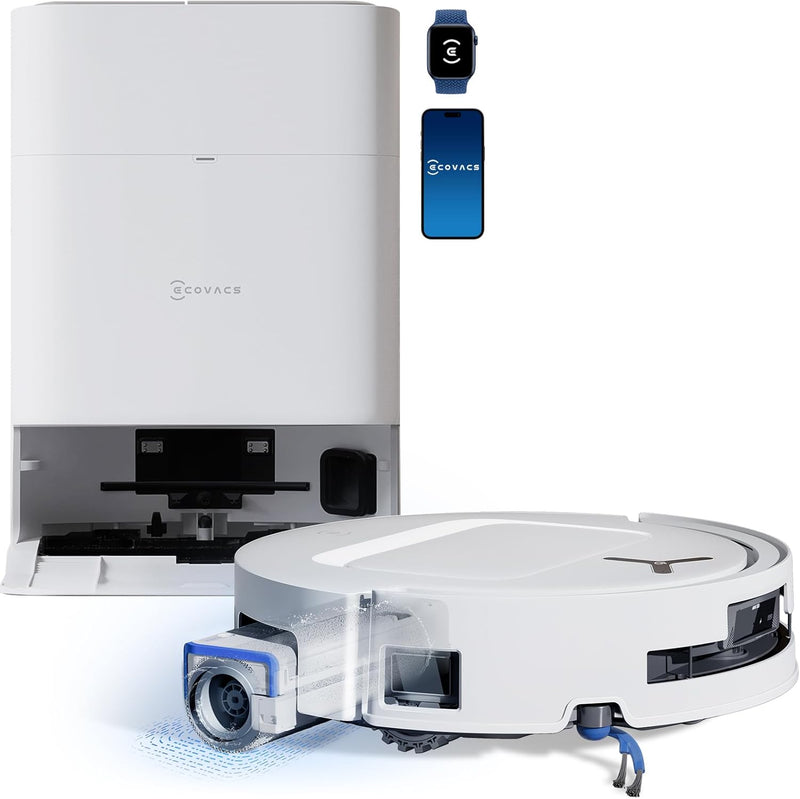 ECOVACS DEEBOT T80 Omni Robot Aspirador y Fregasuelos, 18 000 Pa, Autolimpieza instantánea OZMO Roller, ZeroTangle 3.0, Lavado con agua caliente 40-75 ℃, Secado con aire caliente, Blanco
