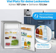 Frigorífico con congelador Bomann® | Frigorífico pequeño con 120L de capacidad útil | Refrigeración 107L y congelación 13L | Nevera con 3 estantes en la puerta y 2 estantes de cristal | Bisagra de puerta reversible | KS 2184.1 inox