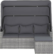 Sofá de jardín de 3 plazas con techo y reposapiés, muebles de jardín tipo lounge, conjunto de jardín, muebles de salón, salón para balcón, rincón de asiento para balcón, zona de estar para jardín, ratán sintético gris