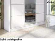 Armario MEBLINI con espejo, 3 puertas - Armario de puertas correderas con barra para colgar ropa - Armario de dormitorio con estantes - Armario ropero - MAKIRA - 180 cm - Blanco/Blanco + espejo