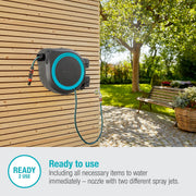 GARDENA Enrollador de manguera automático de pared RollUp L ribete azul - Longitud 30m - Ø13mm - Kit completo - Garantía 5 años 18625-20