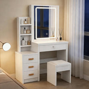 Tocador blanco, mesa de cosméticos con espejo y taburete, tocador con iluminación LED, mesa de maquillaje con 4 cajones, conjunto de tocador para dormitorio, 135 * 80 * 36 cm