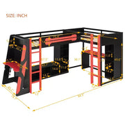 Litera tipo loft en forma de L para juegos con escritorios, litera doble con luces LED, puertos USB, estanterías de almacenamiento, cama alta esquinera de madera para 2 personas