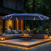 Sombrilla de mercado para exteriores rectangular de 15 pies, de doble cara, con manivela, luces LED solares y base incluida